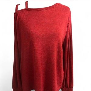 ✨ Red Off Shoulder Strap Detail Knit Sweater Top Soft Casual Lounge Pullover✨